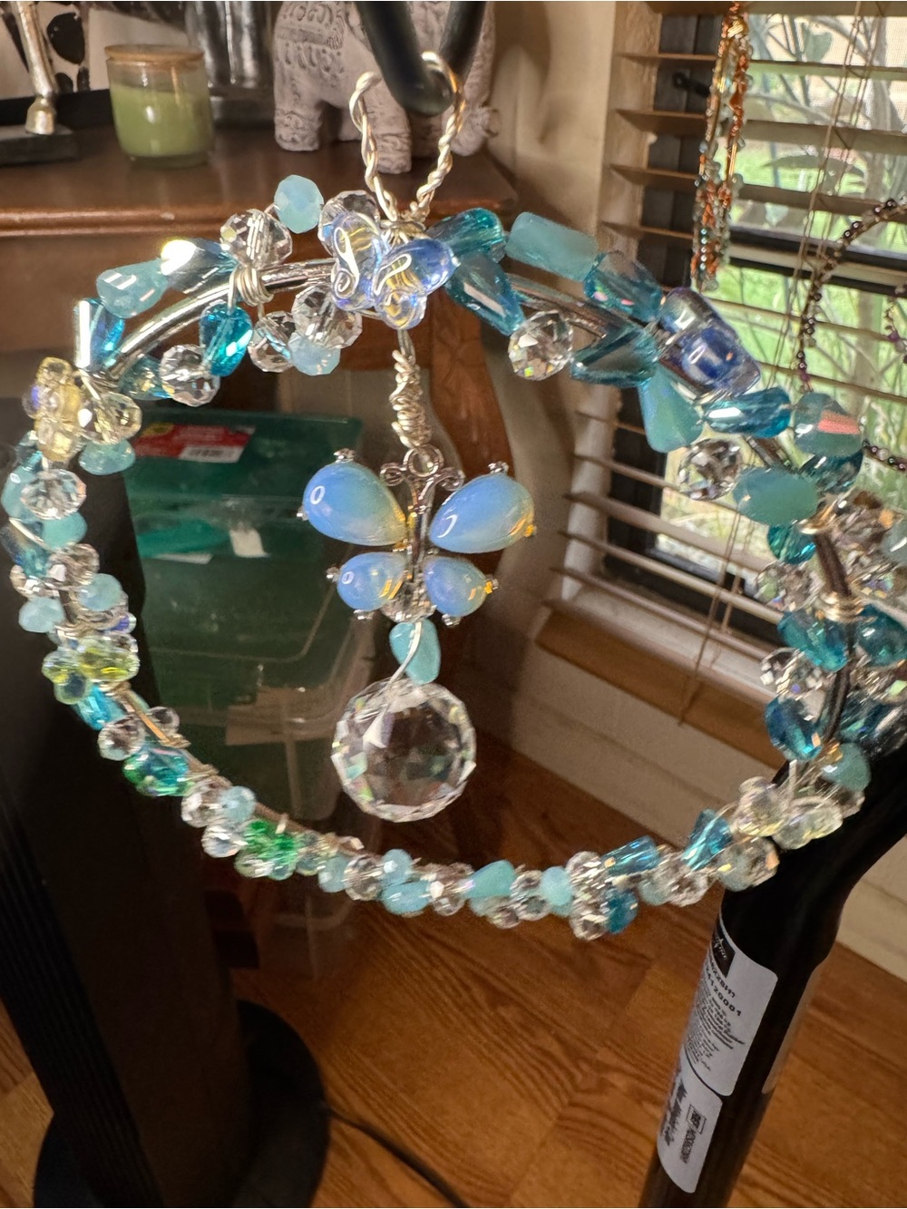 Blue-Teal Beaded Butterfly Crystal Sun Catcher